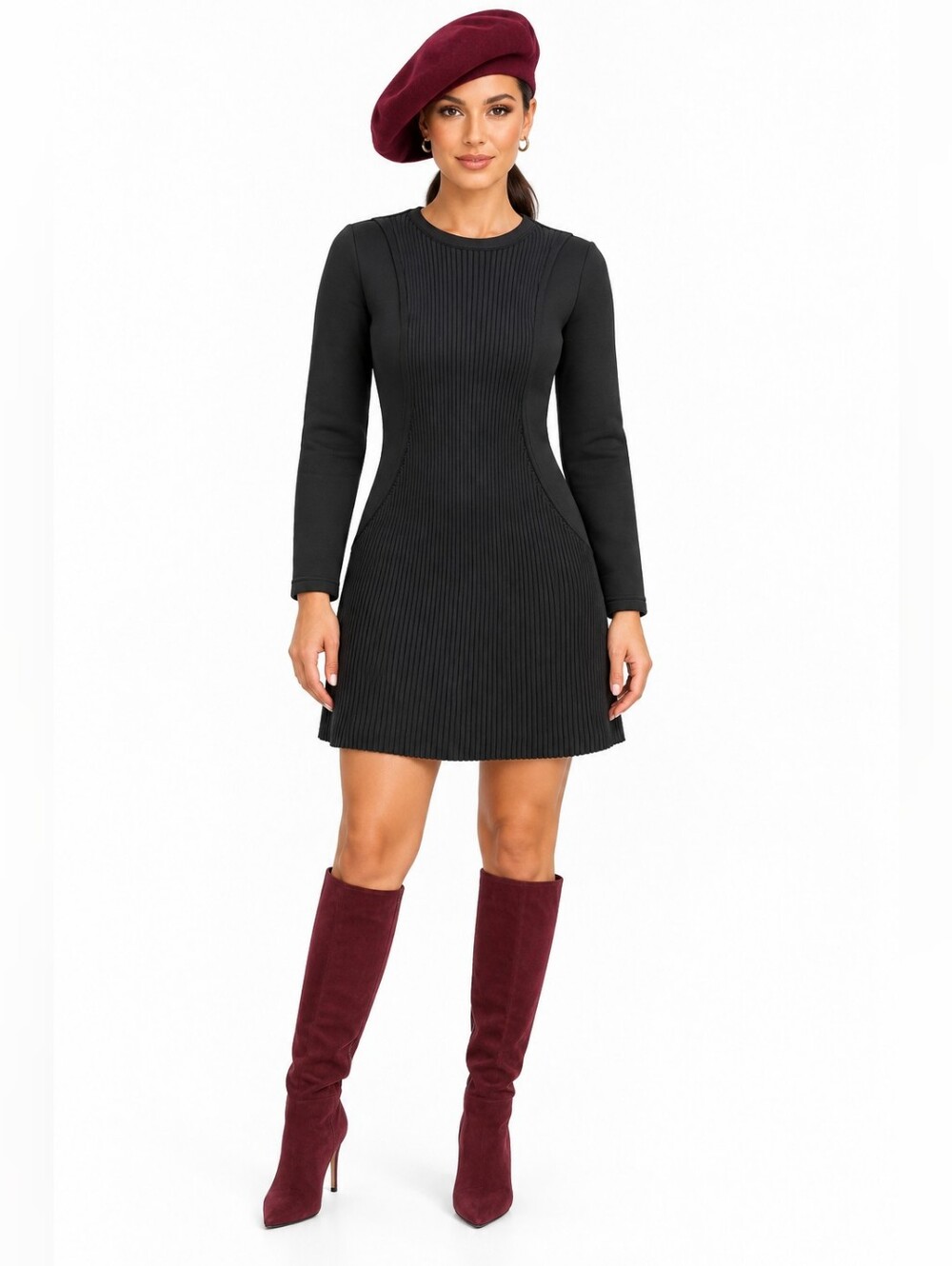 Maje Black Ribbed Knit Fit & Flare Mini Dress Maje 1 US S Long Sleeve A-Line